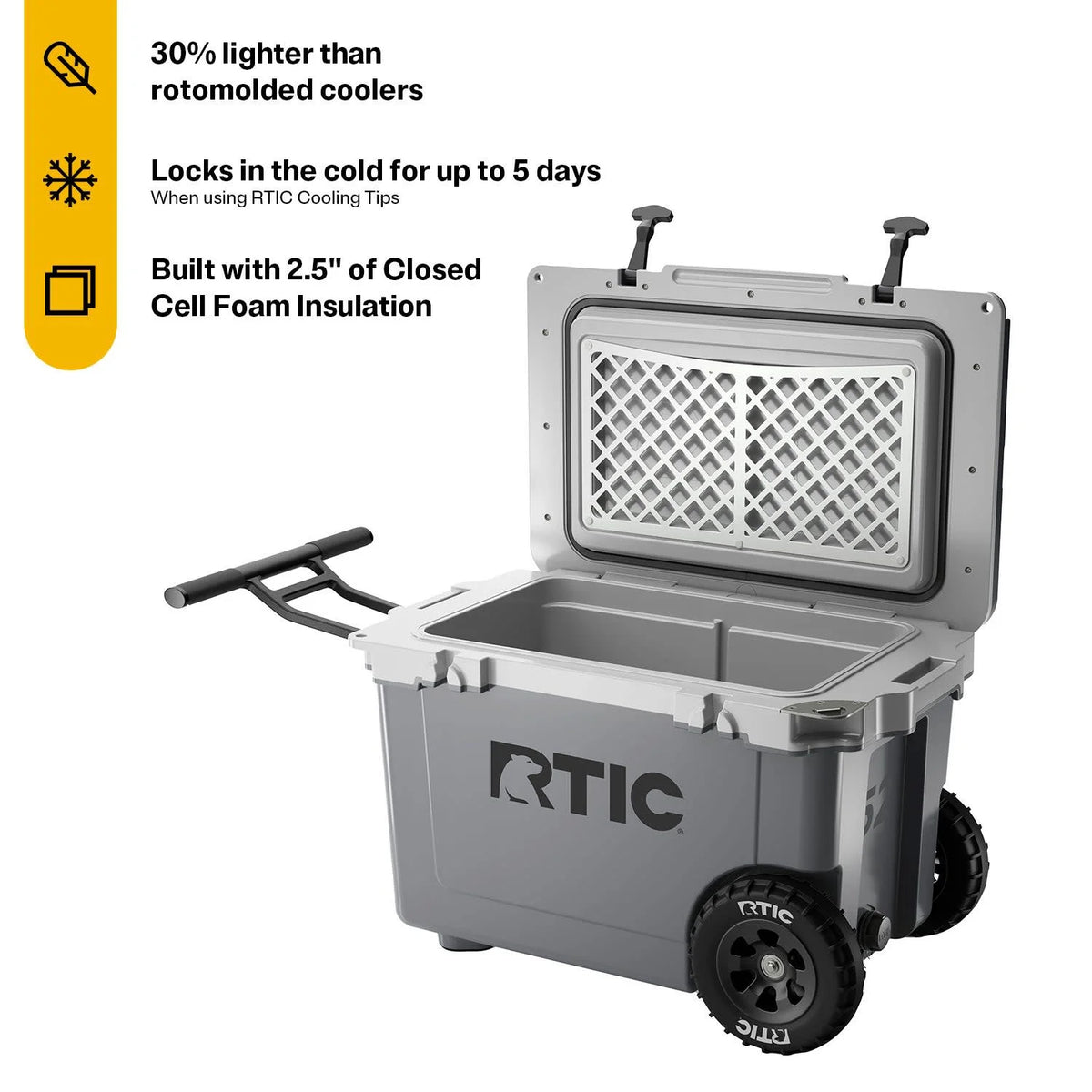 RTIC 52 QT Ultra-Light Wheeled Hard-Sided Ice Chest Cooler, Fits 78 Cans, White & Grey