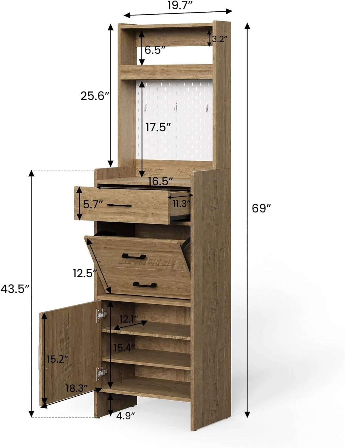 Royalcraft 5-in-1 Shoe Cabinet with Flip Drawer, Entryway Shoe Storage with Pegboard, Adjustable Shelf, Wood Entryway Cabinet, Brown