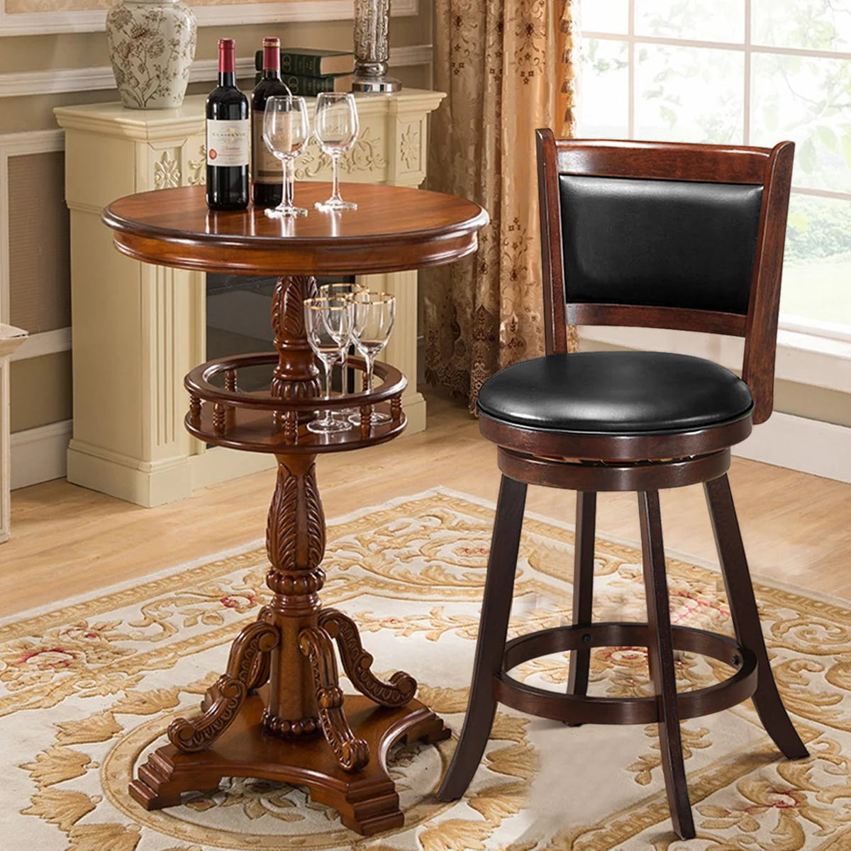 Costway Set of 2 24'' Swivel Counter Stool Wooden Dining Chair Upholstered Seat Espresso Panel back