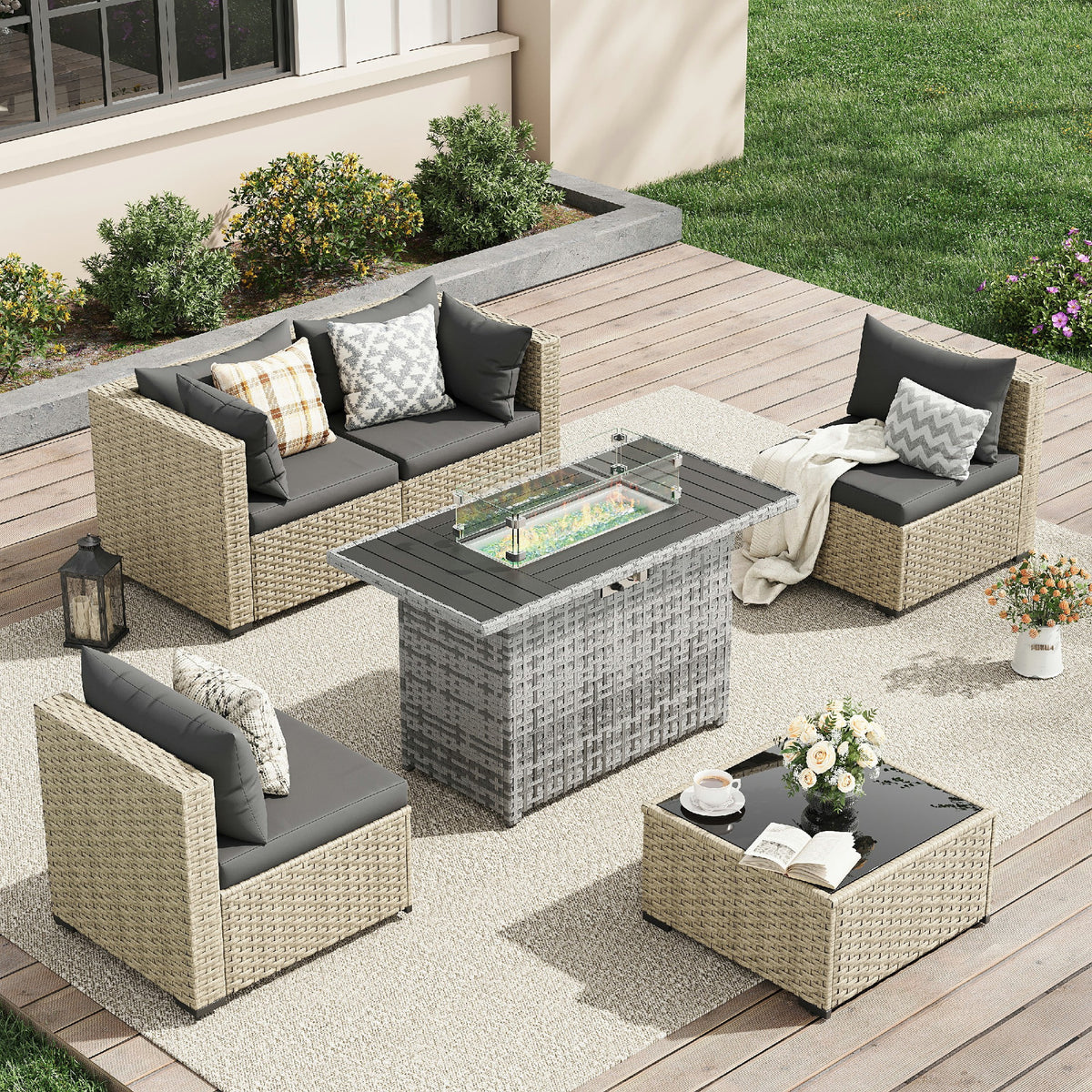 UDPATIO 7 Pieces Outdoor Patio Furniture Set, Outdoor Wicker Patio Conversation Set with Cushions for Backyard, Porch, Garden(Haze Blue)