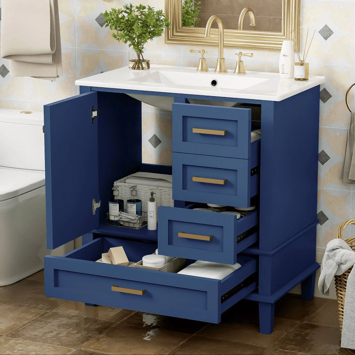 Bellemave 30" Bathroom Vanity with Sink, Cabinet with Sink Combo Set with Top, Bathroom Storage Cabinet with 3 Drawers and 1 Soft Closing Door, 30 Inch Vanity with Sink for Bathroom（White）