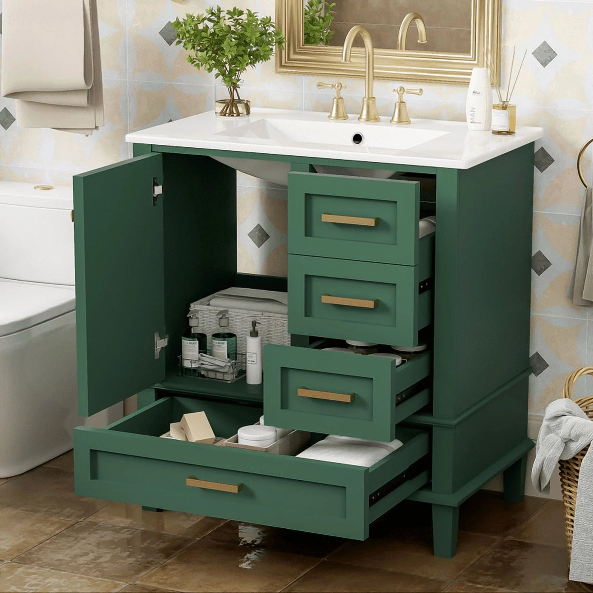 Bellemave 30" Bathroom Vanity with Sink, Cabinet with Sink Combo Set with Top, Bathroom Storage Cabinet with 3 Drawers and 1 Soft Closing Door, 30 Inch Vanity with Sink for Bathroom（White）