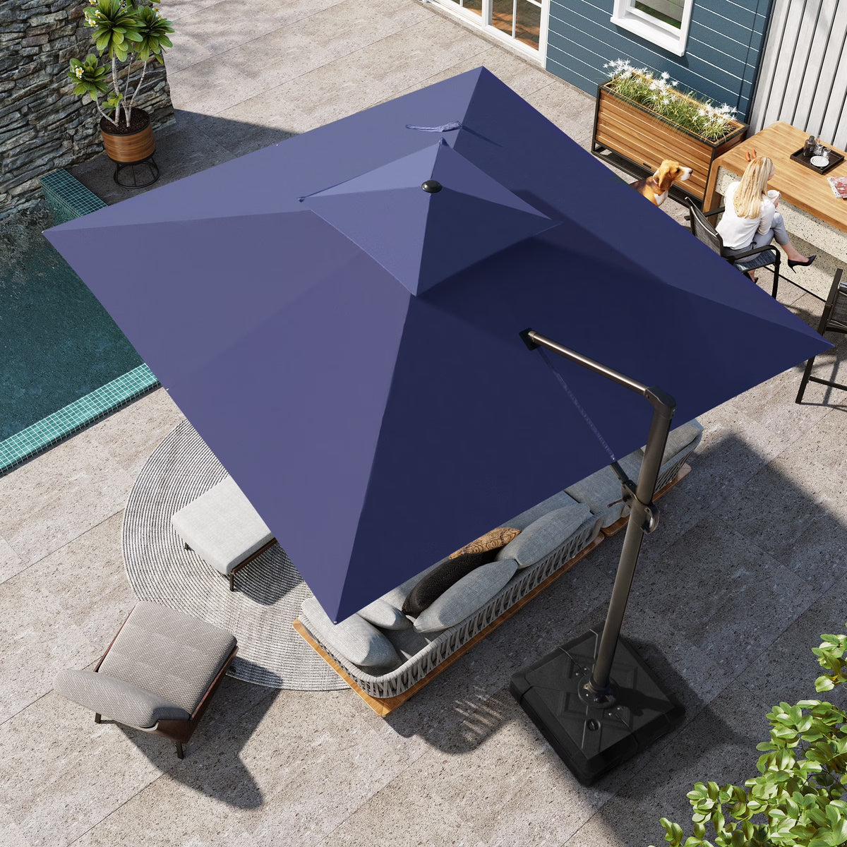 Pellebant 11' Patio Cantilever Offset Umbrella 360 degrees Rotation Square Double Canopy Navy Blue