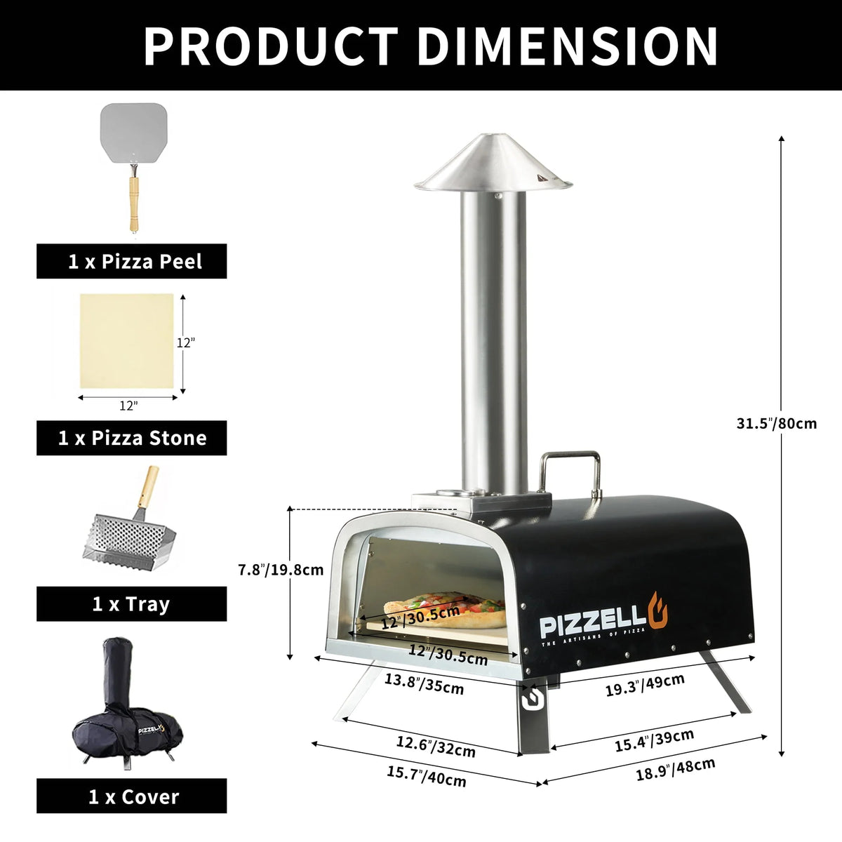 PIZZELLO Pellet Pizza Oven 12" Outdoor Wood Fired Pizza Ovens with Pizza Stone, Pizza Peel, Fold-up Legs, Cover, Thermometer, Chimney - Black