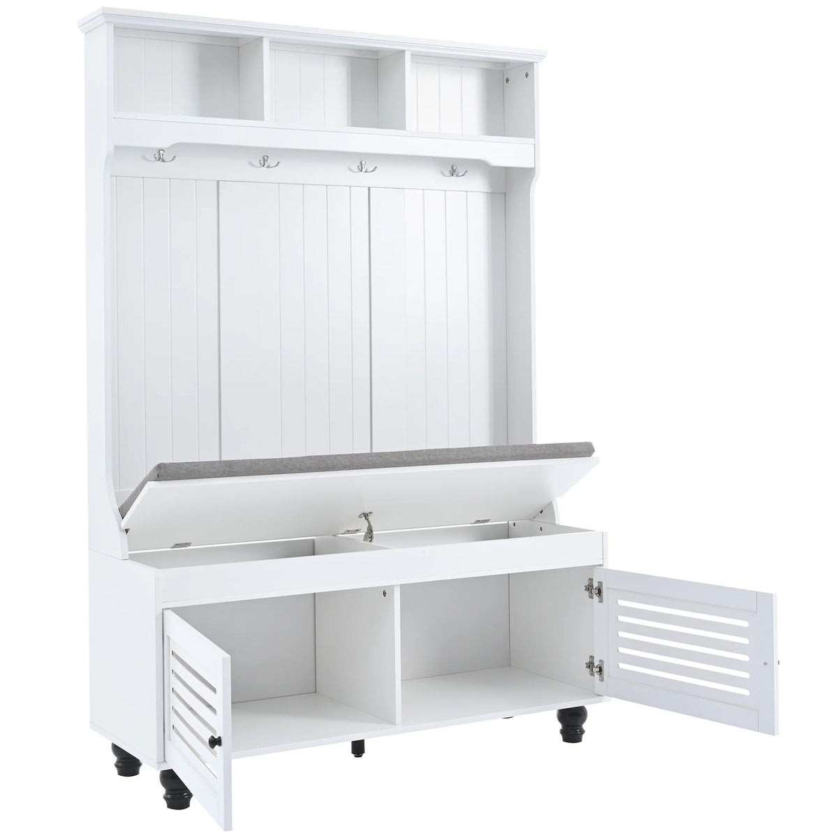 Royard Oaktree Hall Tree w/Bench, Cushion, and Shutter Cabinet Doors, Hallway Coat Rack with 4 Hooks