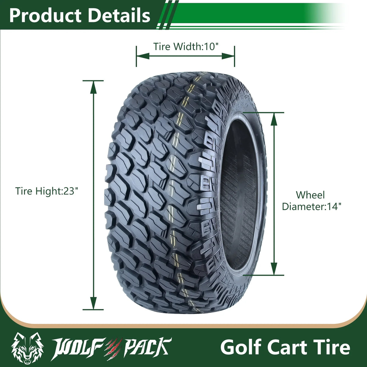 WOLF PACK 23X10-14 Golf Cart Tires Non-Directional Tubeless Tire Multi-Terrain Tire with Superior Traction and Mud-Resistant Self-Cleaning Tread Design for Long-Lasting Performance