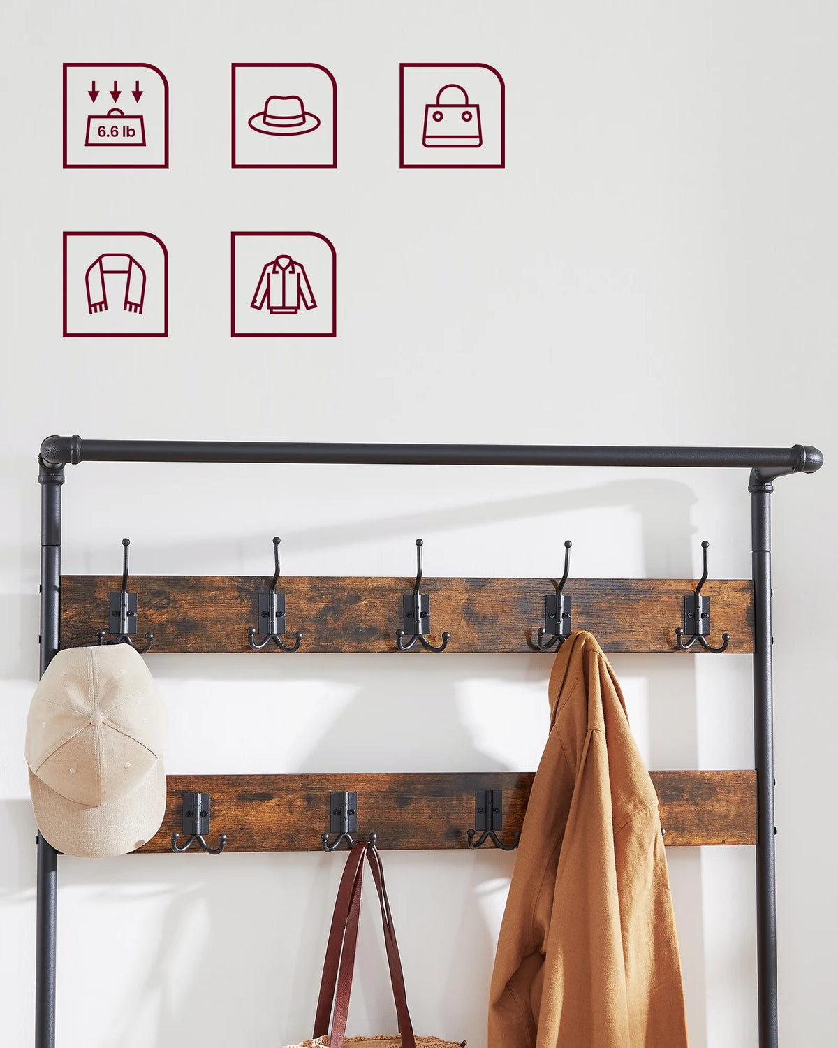40"Entryway Coat Rack and Storage Bench Multifunctional 4-in-1  Hall Tree with 9 Hooks Sturdy Steel Frame