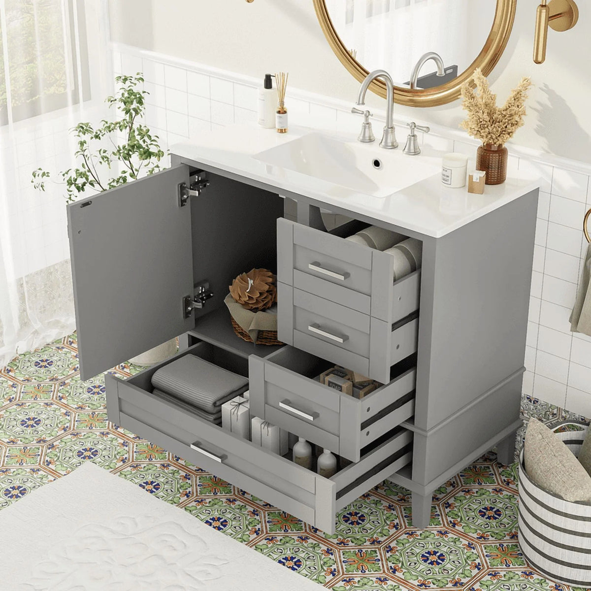 Bellemave 30" Bathroom Vanity with Sink, Cabinet with Sink Combo Set with Top, Bathroom Storage Cabinet with 3 Drawers and 1 Soft Closing Door, 30 Inch Vanity with Sink for Bathroom（White）