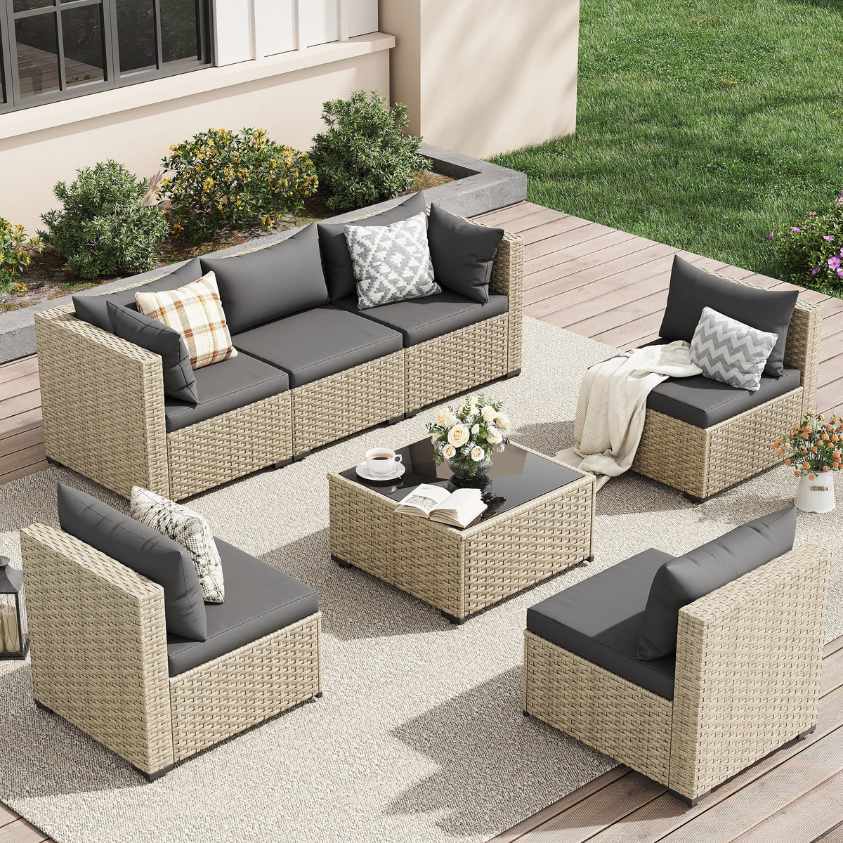 UDPATIO 7 Pieces Outdoor Patio Furniture Set, Outdoor Wicker Patio Conversation Set with Cushions for Backyard, Porch, Garden(Haze Blue)