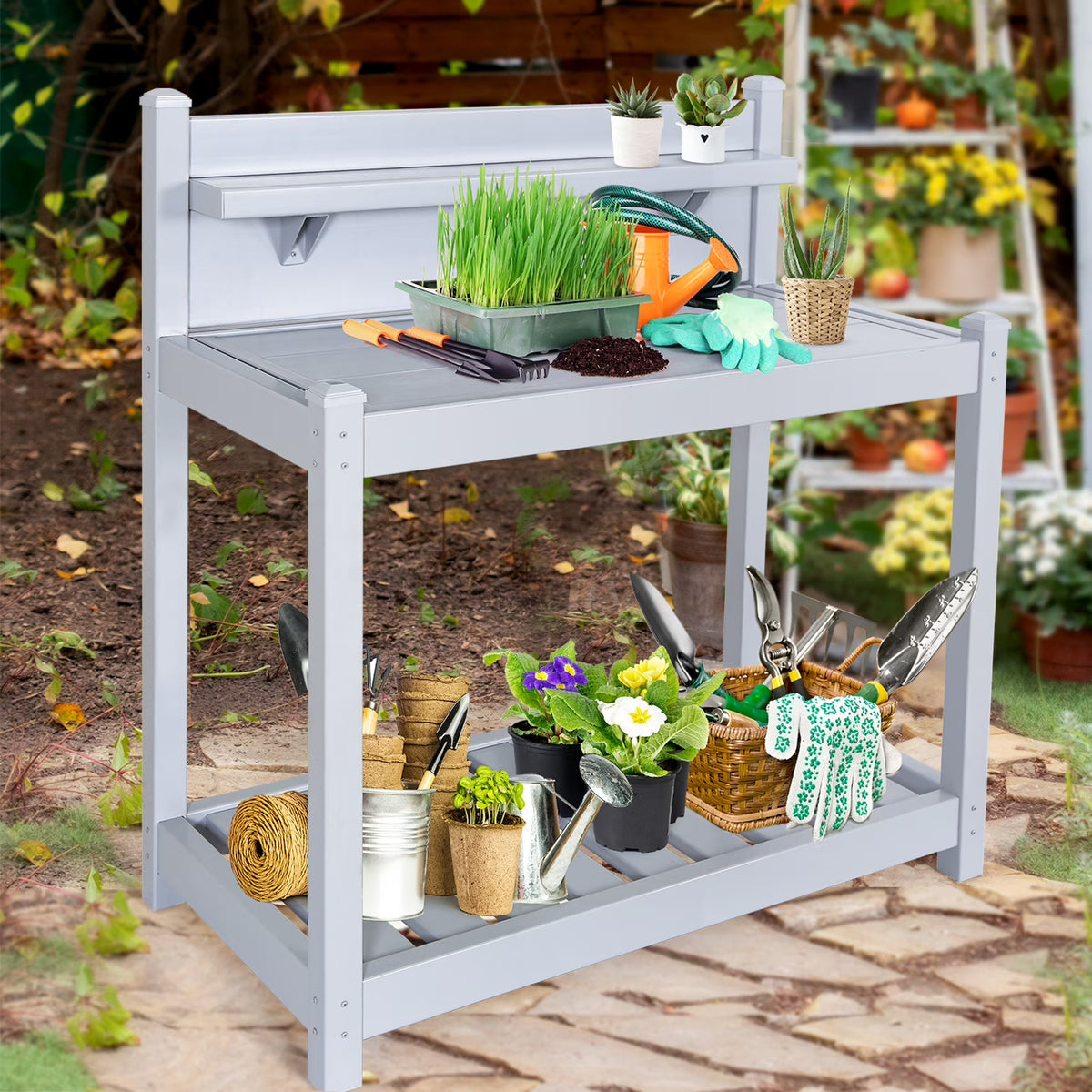 EAGLE PEAK Outdoor Indoor Vinyl Potting Bench Tsble, Gardening Work Station with Open Shelf, Lower Storage, Gray