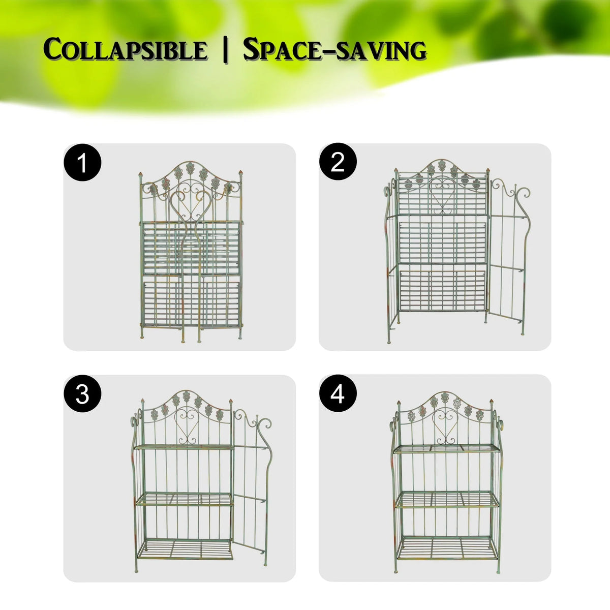 Westcharm 41 inch Tall Pre-Assembled Folding Metal Shelf | Plant Stand | Shelving Unit | Bookcase | Outdoor Baker's Rack with Scrolling Heart & Peacock Tail Motif - Verdigris Green