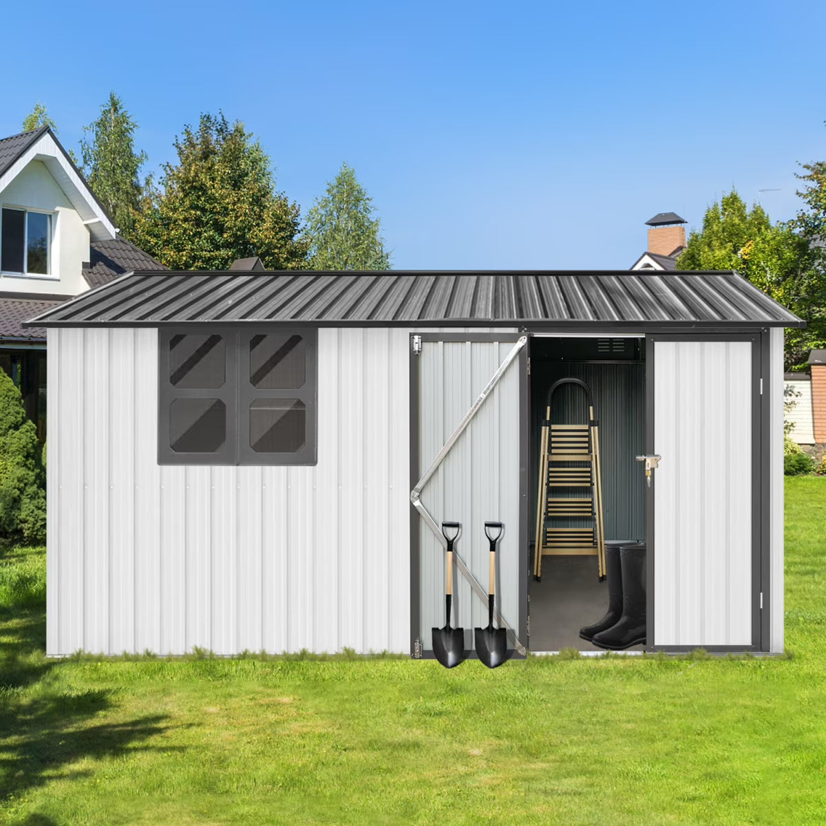 10x12 FT Outdoor Storage Shed, Metal Garden Tool Shed with Vents, Window and Bulit-in Hooks, Waterproof  Organization for Home/Backyard/Garden Tools/Lawn Storage, Yellow+White