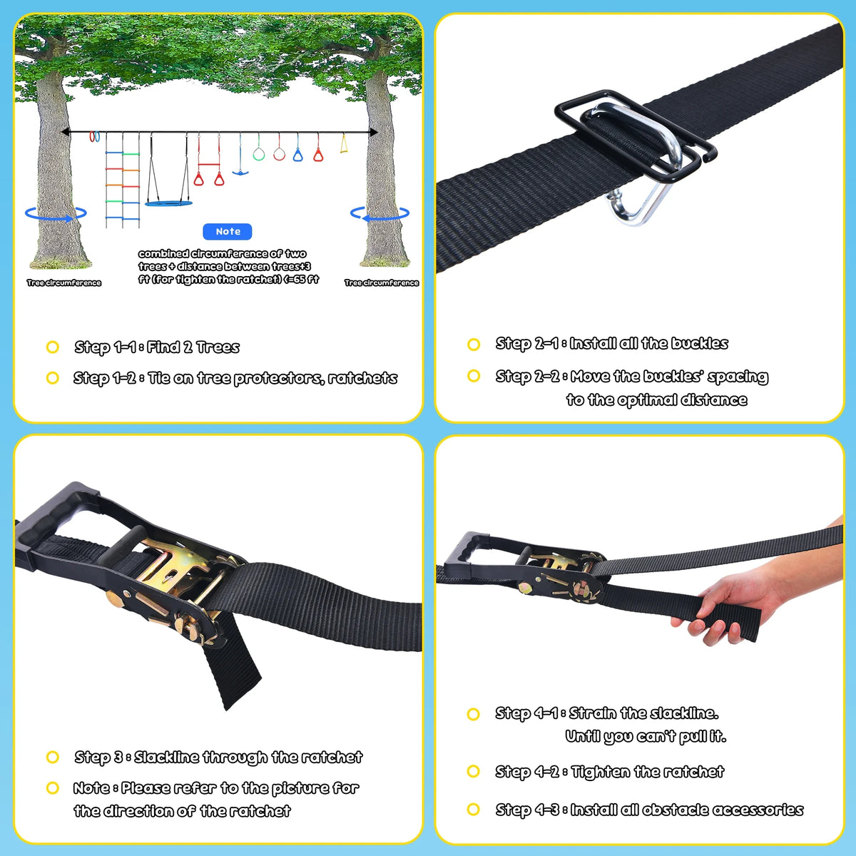 KloKick 65ft Ninja Warrior Obstacle Course for Kids – Outdoor Backyard Set with Swing, Ninja Rope, 11 Obstacles, Slackline, Jungle Gym for Tree Installation