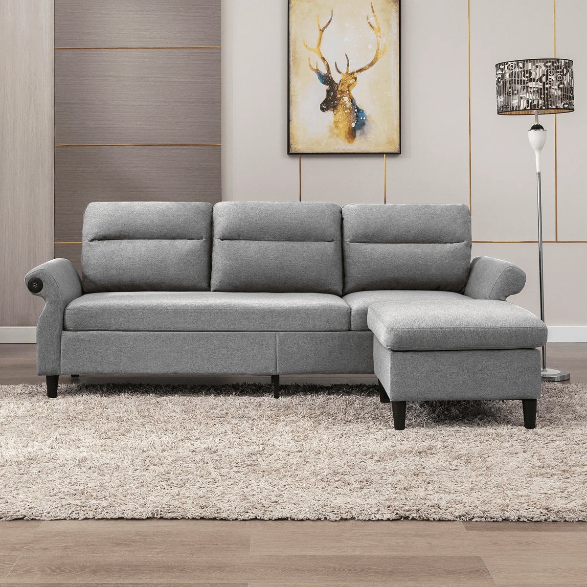 Mjkone Modern 88" W Convertible Sectional Sofa Couch with 2 USB Ports and Adjustable Armres,3 Seat L-Shape Sofa Couch with,Ottoman for Living Room,Apartment , Linen Fabric,Light Grey