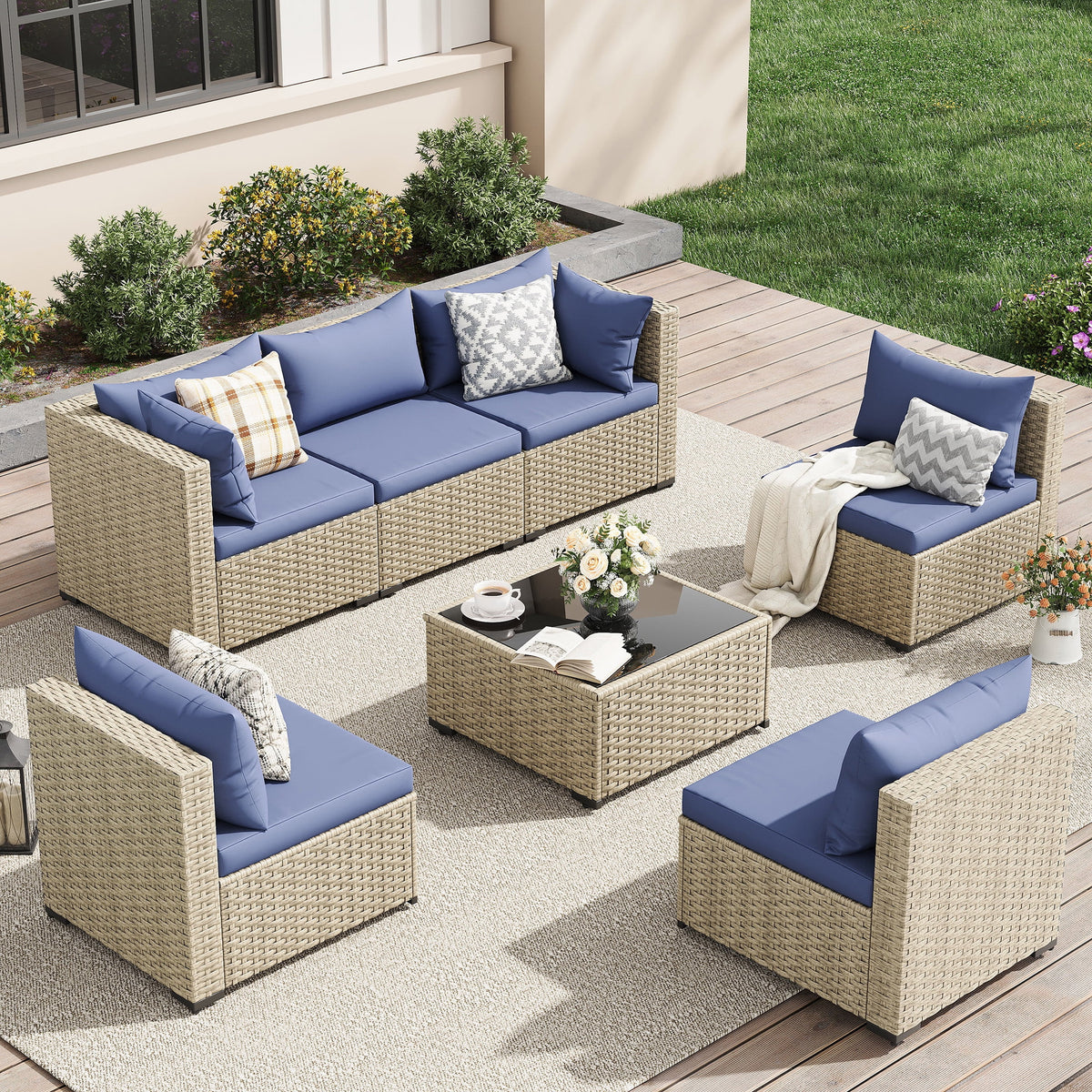 UDPATIO 7 Pieces Outdoor Patio Furniture Set, Outdoor Wicker Patio Conversation Set with Cushions for Backyard, Porch, Garden(Haze Blue)