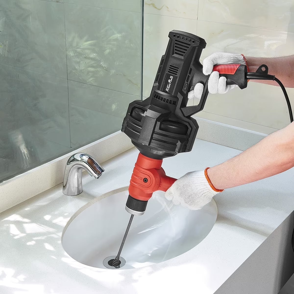 XtremepowerUS Auto Feed Drain Auger Snake - Handheld, 25 Ft, 3/4"-2" Pipes, Red/Black