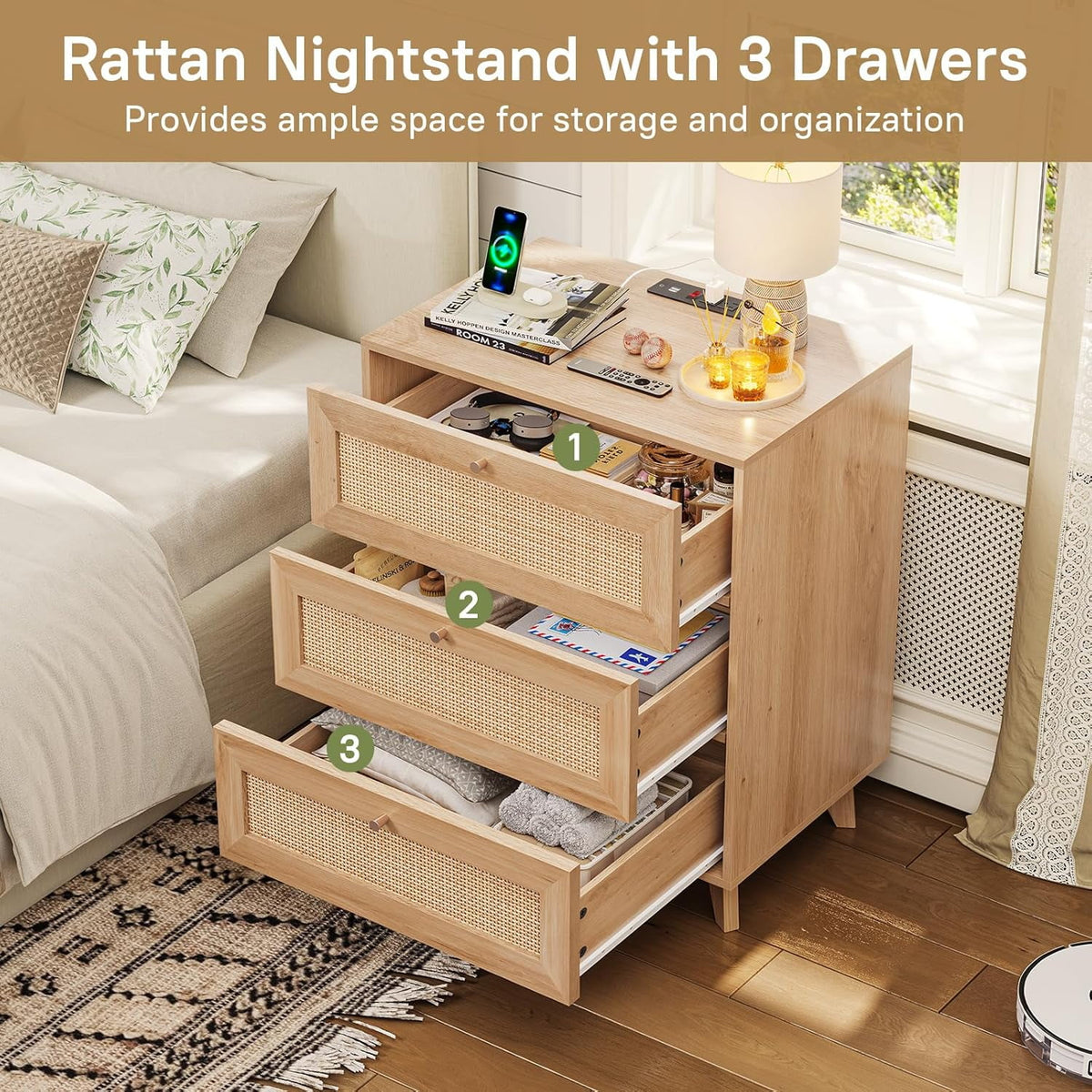 AOGLLATI Rattan Nightstand with Charging Station & 3 Drawers for Bedroom