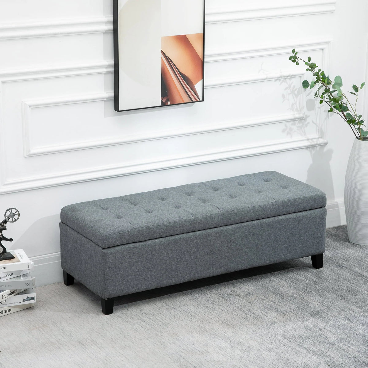 HomCom 51" Large Tufted Linen Fabric Ottoman Storage Bench With Soft Close Top - Heather Grey