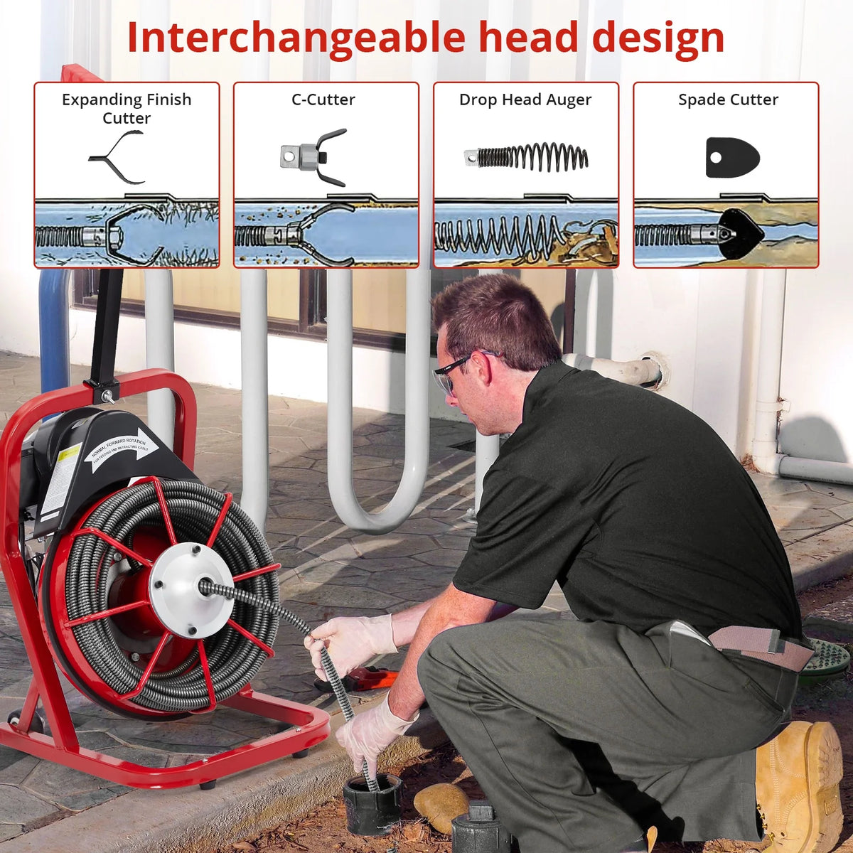Roromall Drain Cleaner Machine 50FT/75FT/100FT x 3/8-inch/1/2-inch Sewer Auger Electric Drain Auger Sewer Snake with 4 Cutter, Air-Activated Foot Switch, Gloves
