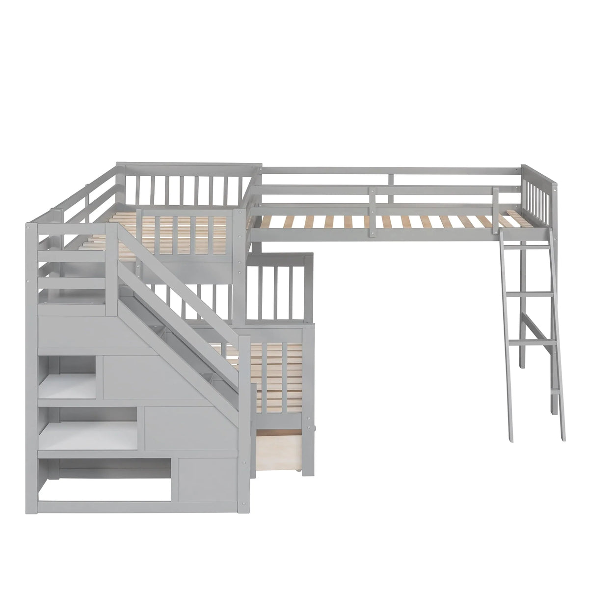L-Shaped Triple Bunk Bed for 3, Twin Over Full Bunk Bed with 3 Drawers and Storage Staircase Solid Wood Bunk Bed Frame with Full-Length Guardrails and Ladder for Girls Boys No Box Spring Needed, Gray