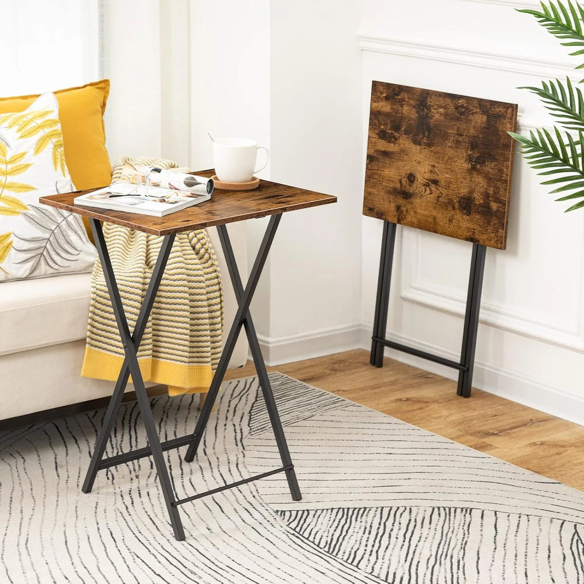 Folding TV Tray Tables, Set of 2 Side Table for Small Space, Industrial Snack Tables for Eating at Couch, Stable Metal Frame, Easy Assembly, Space Saving, Rustic Brown and Black BF25BZ01