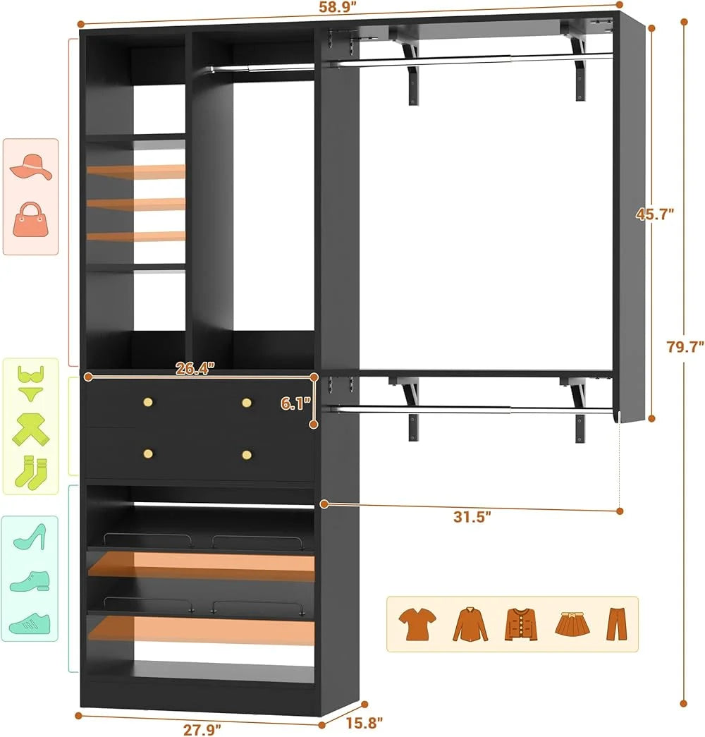 iSunirm 5FT Closet System with Drawers,5FT Closet System with Drawers, 60" Closet Organizer System with 2 Hanging Shelving Perfect Storage Solution for Organizing Your Closet