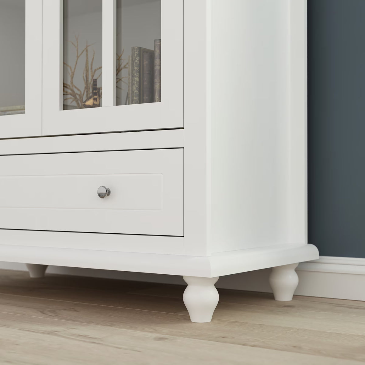 MONSLIPA Display Cabinet with 2 Tempered Glass Doors, Storage Cabinet with 3 Shelves an 2 Deep Drawers, White