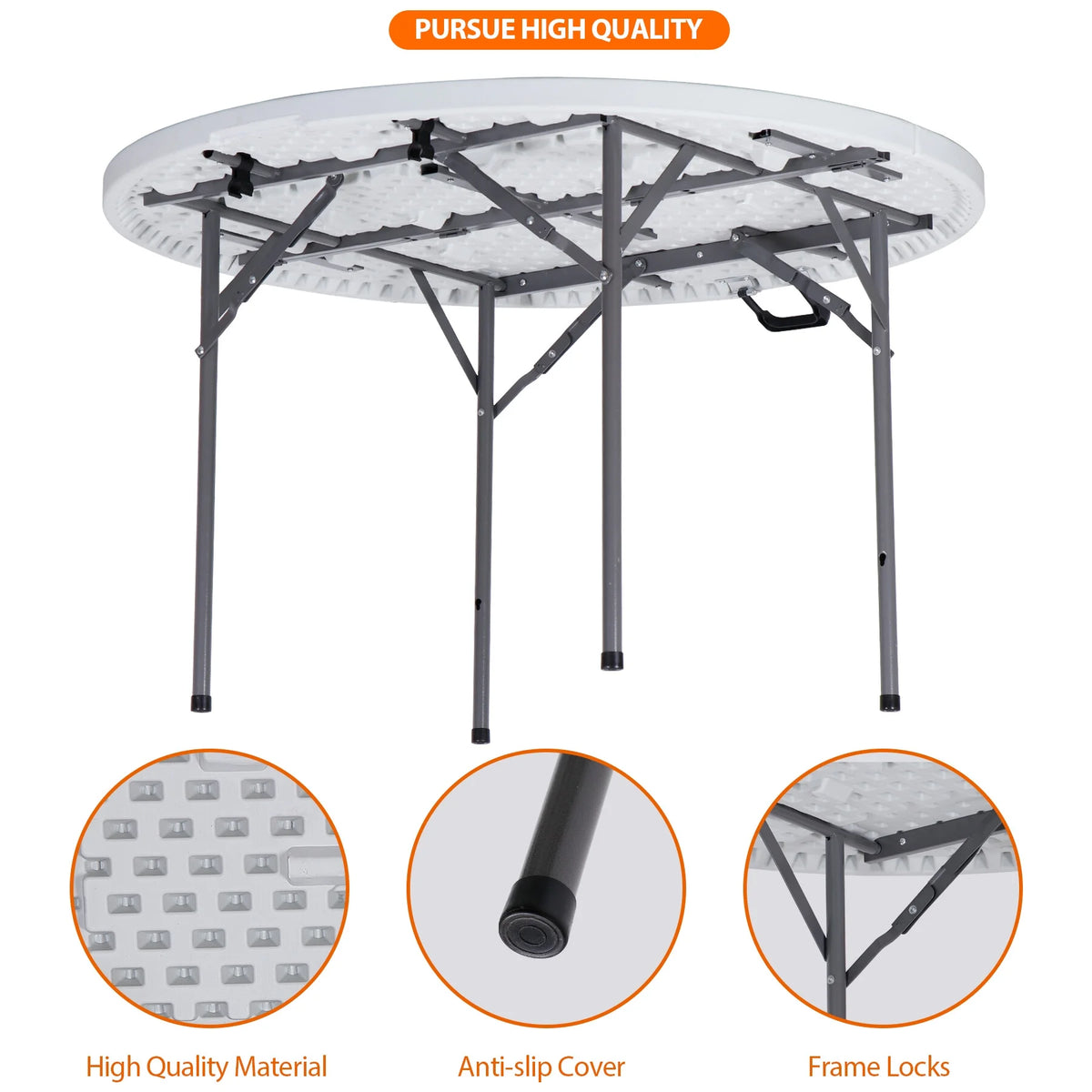SuperDeal 48" Round Bi-Folding Plastic Table Metal Legs Portable Dining Table with Handle Indoor Outdoor, White