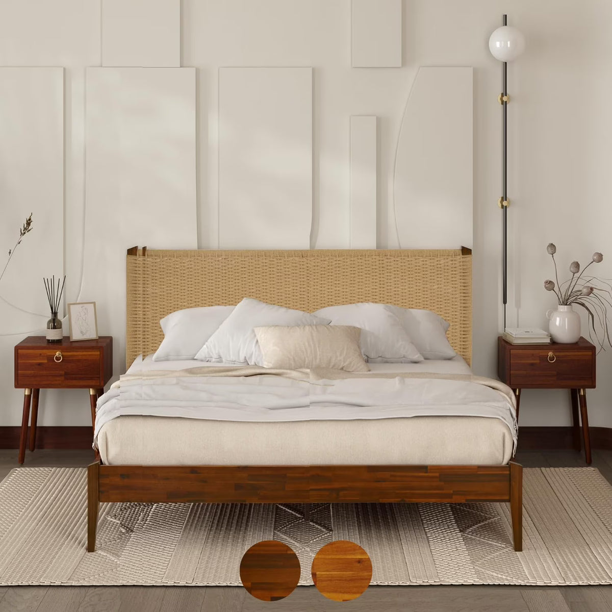 Selina Wood Platform Bed Frame - Handcrafted Paper Cord Unique Headboard - No Box Spring Needed - 12 Strong Wood Slats Support - Easy Assembly - King, Caramel