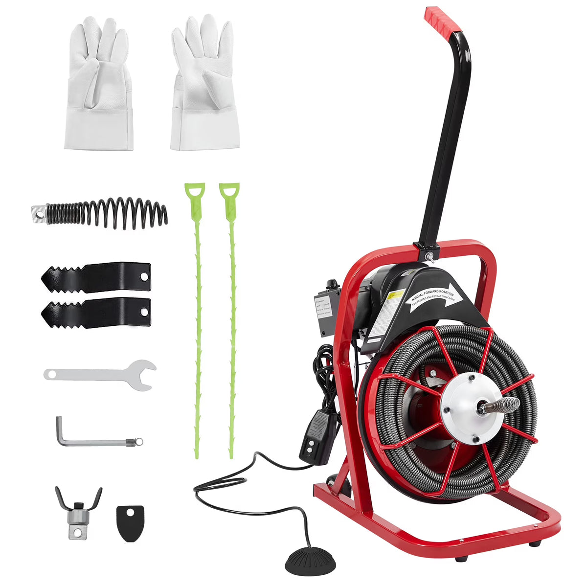 Roromall Drain Cleaner Machine 50FT/75FT/100FT x 3/8-inch/1/2-inch Sewer Auger Electric Drain Auger Sewer Snake with 4 Cutter, Air-Activated Foot Switch, Gloves