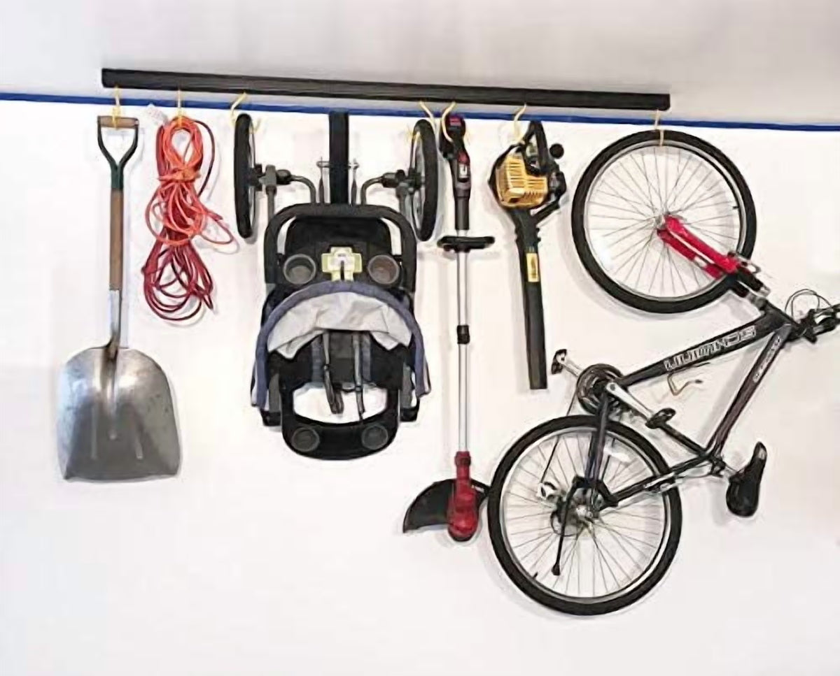 50" Adjustable Overhead Garage Ceiling Storage Track/Bike Rack With Hooks that Slide and Rotate, 50 Lbs. per Hook.