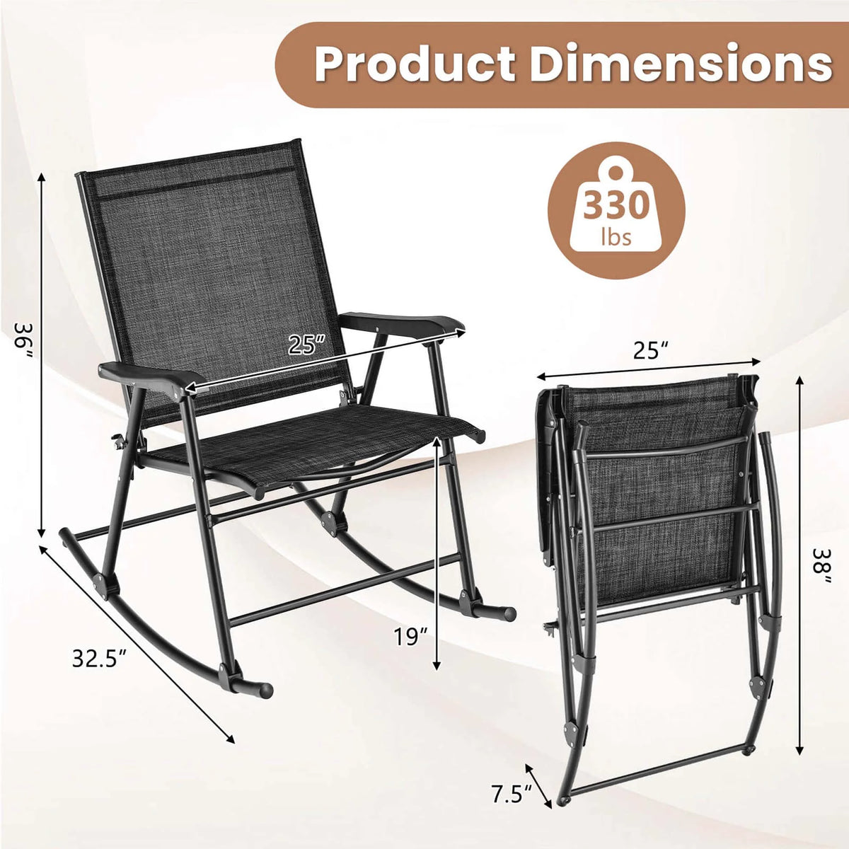 Costway 2pcs Patio Folding Rocking Chair Heavy-Duty Metal Frame Rockers Outdoor Brown