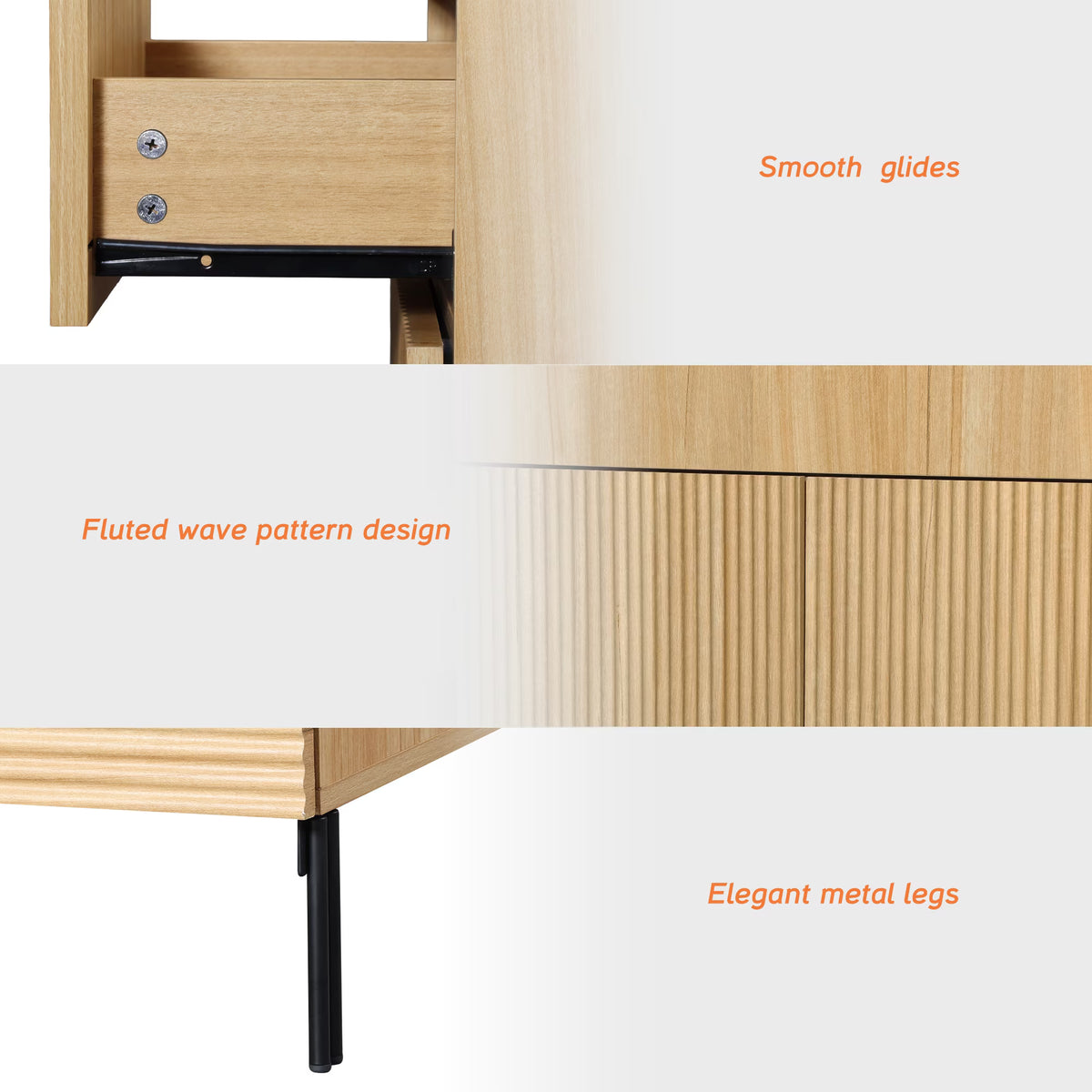 94.5 Reeded Accent Cabinet Set with Doors and Drawers, Modern Credenza Storage Cabinet with Metal Legs for Living Room, Kitchen, Dining Room, Hallway