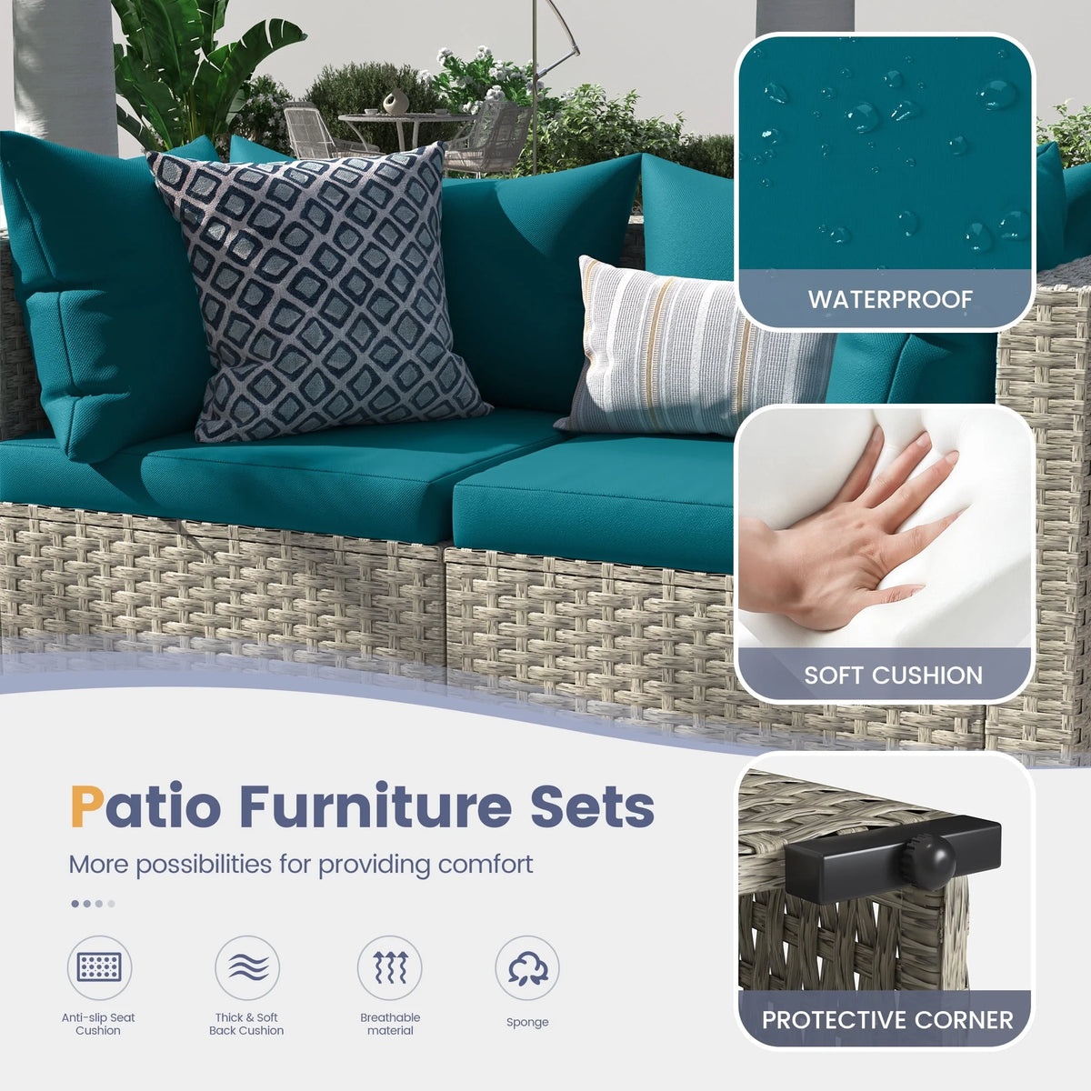 UDPATIO 7 Pieces Outdoor Patio Furniture Set, Outdoor Wicker Patio Conversation Set with Cushions for Backyard, Porch, Garden(Haze Blue)