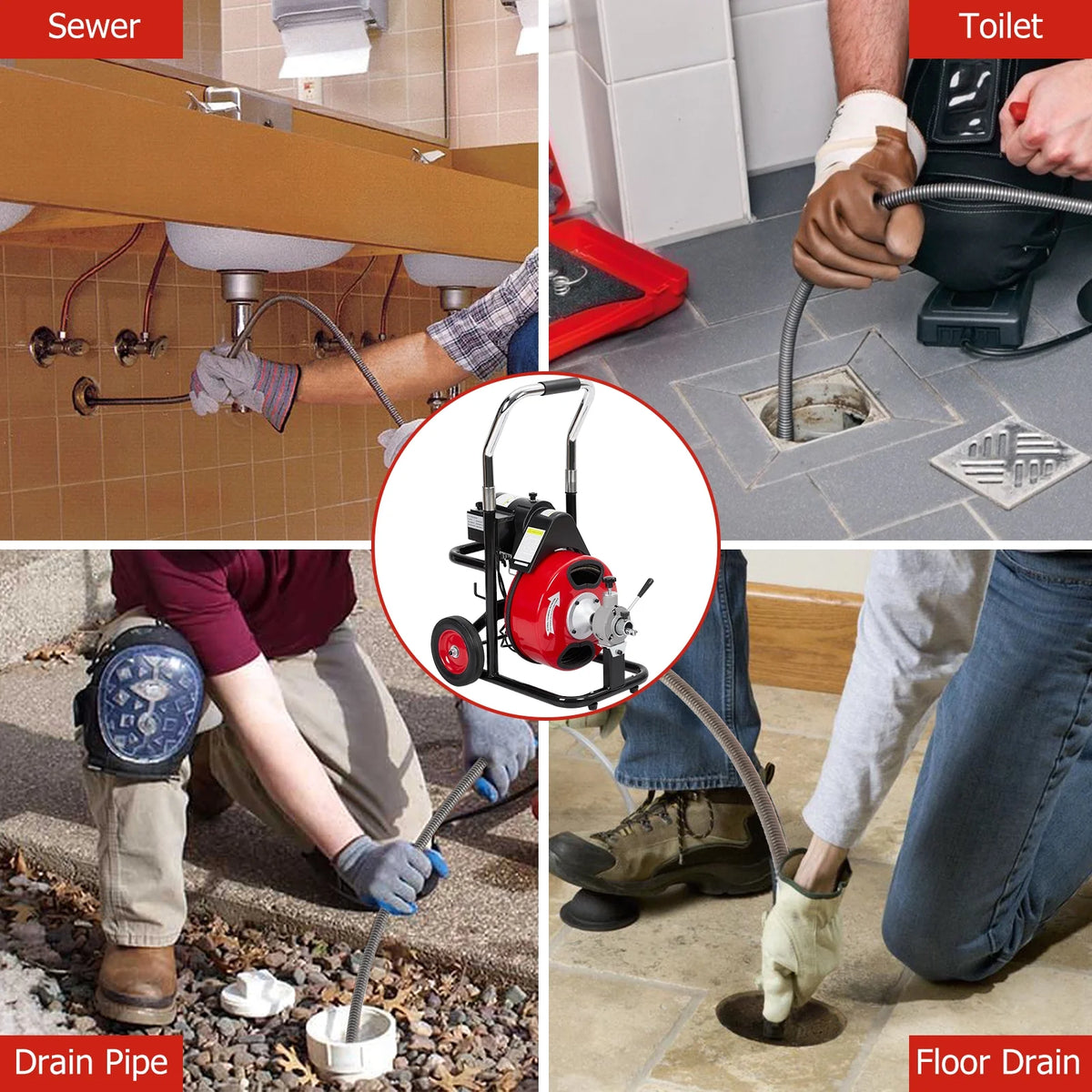 Roromall Drain Cleaner Machine 50FT/75FT/100FT x 3/8-inch/1/2-inch Sewer Auger Electric Drain Auger Sewer Snake with 4 Cutter, Air-Activated Foot Switch, Gloves
