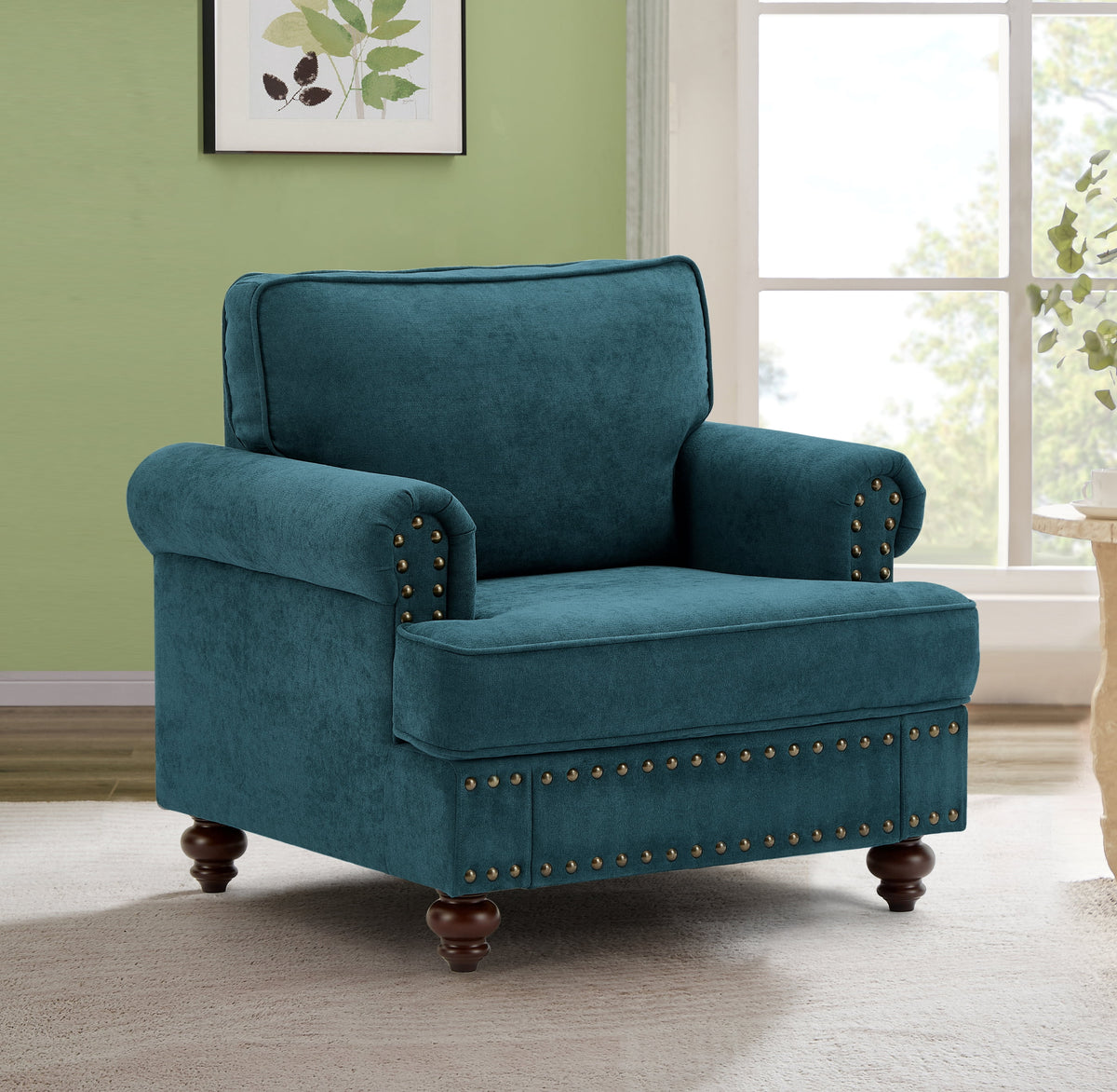 Modern Chenille Upholstered Sofa Couch with Nailhead Trim Rolled Arms Pillows