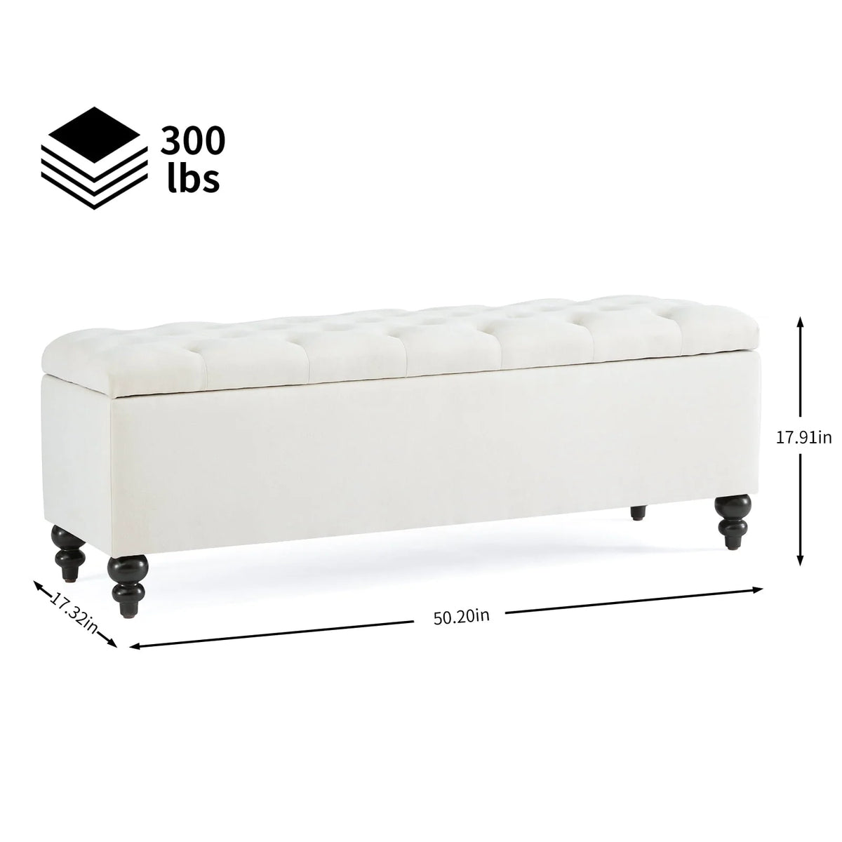 GERICCO 50.2 Inches Ottoman with Storage,Storage Ottoman Bench with Button-Tufted, Bedroom Bench Safety Hinge Ottoman in Upholstered Fabrics, Large Storage Bench for Bedroom, Living Room(Ivory)