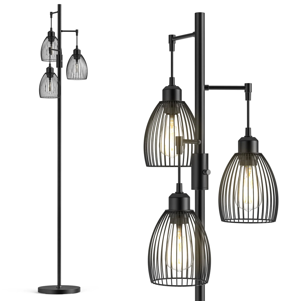 PAZZO 69 inch Three Head LED Metal Industrial Floor Lamp, Bright & Durable, with 3 Stepless Dimmable Bulb Included, Black