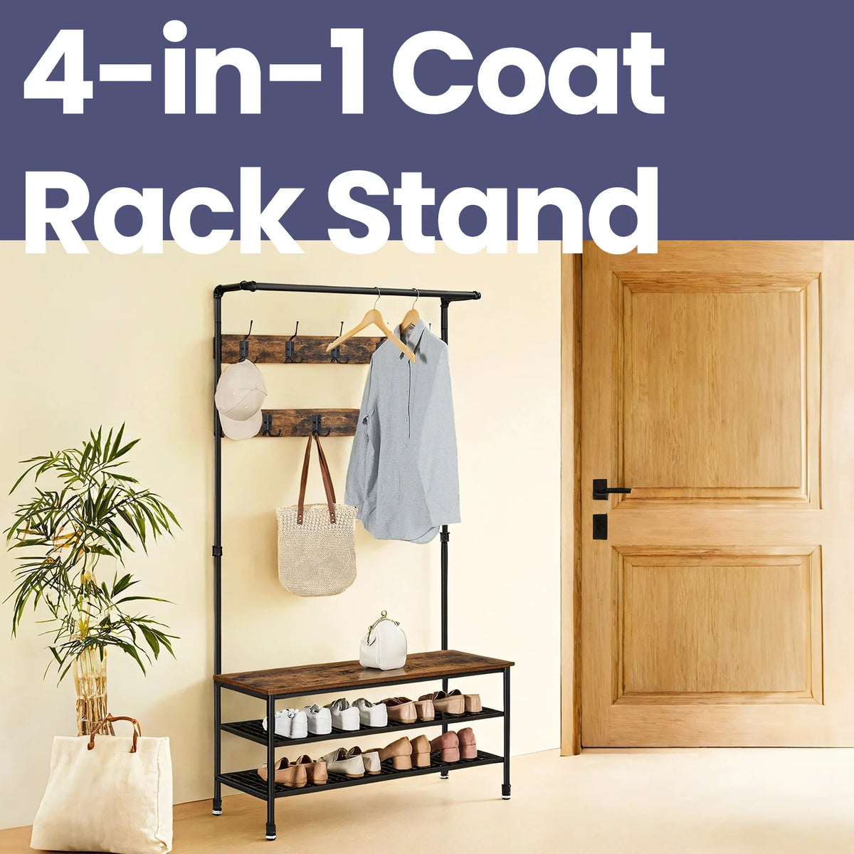 40"Entryway Coat Rack and Storage Bench Multifunctional 4-in-1  Hall Tree with 9 Hooks Sturdy Steel Frame