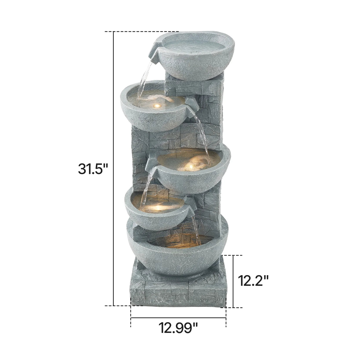 KFFKFF 31.5-Inch Outdoor Water Fountain with LED Light, 5-Tier Cascading Bowl Design, Floor-Standing Waterfall Feature for Garden, Patio, Home, and Backyard Use