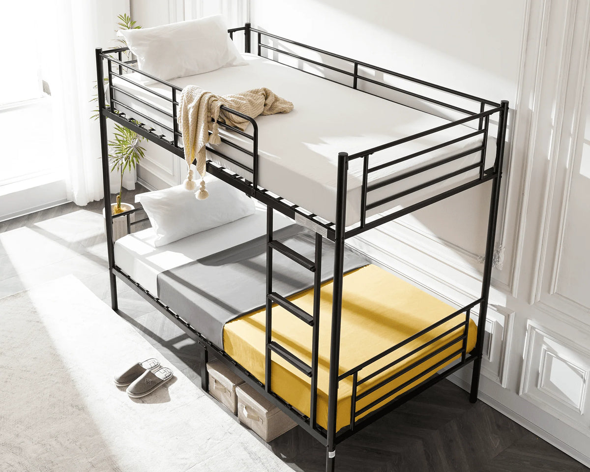VINGLI Metal Bunk Bed Twin Over Twin with Flat Ladder and High Guardrail, Double Twin Bunk Beds for Kids/Teens/Adults, Bunk Bed with Stairs,Black