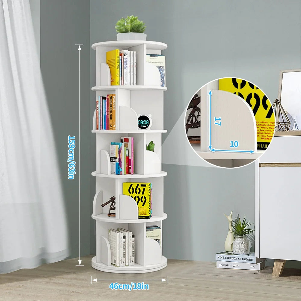 Bimiti 5 Tier Rotating Bookshelf, 360? Revolving Bookcase 20 Shelves Floor-Standing Storage Display Rack - White 63"x18"x18", Adult