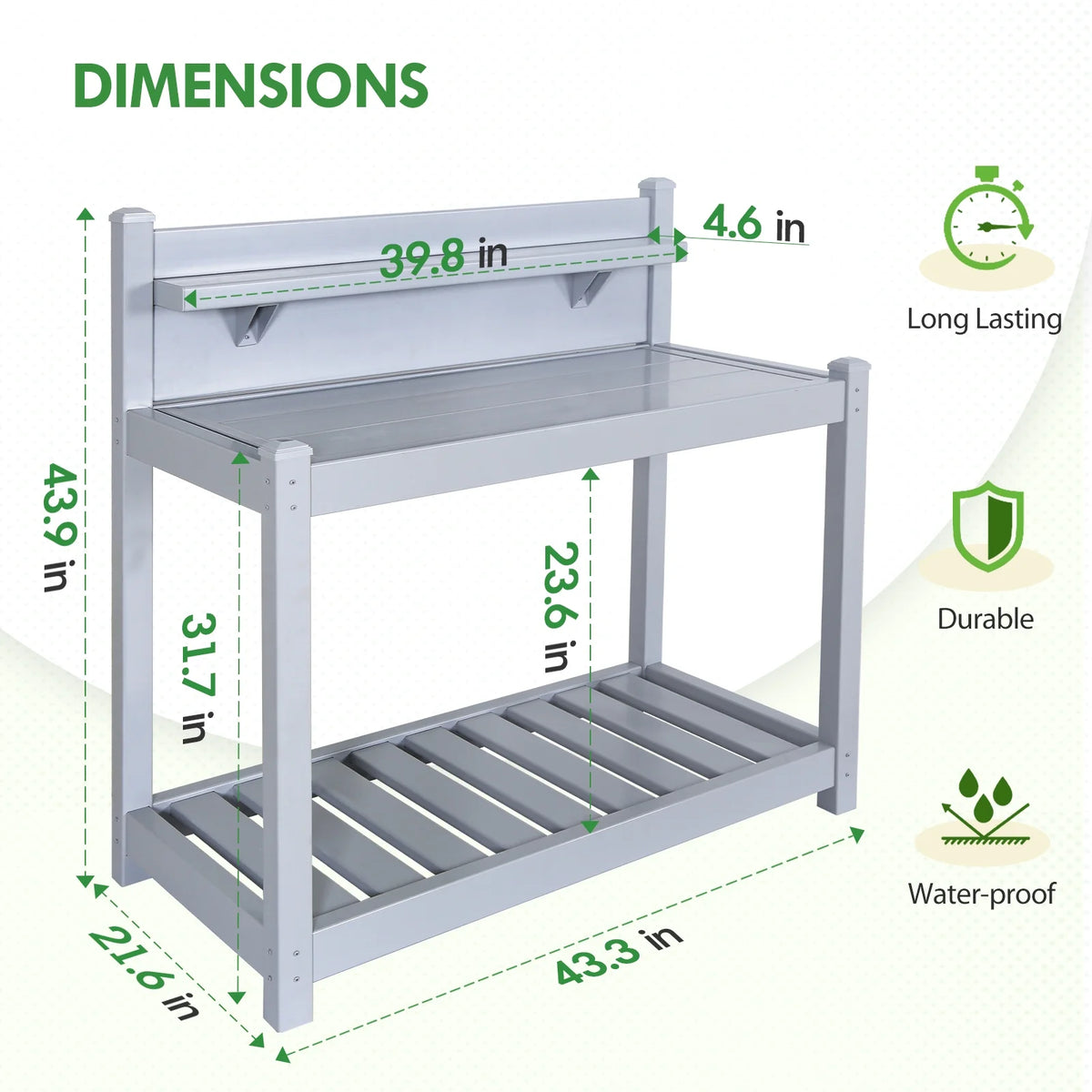 EAGLE PEAK Outdoor Indoor Vinyl Potting Bench Tsble, Gardening Work Station with Open Shelf, Lower Storage, Gray