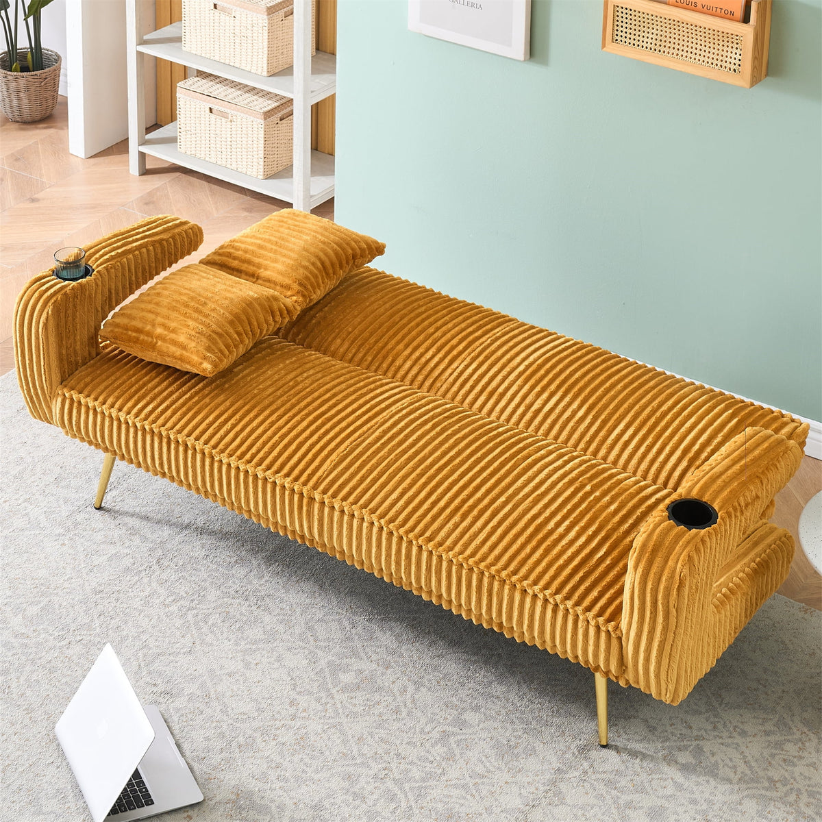Aukfa Corduroy Futon Convertible Sofa Bed, Beige