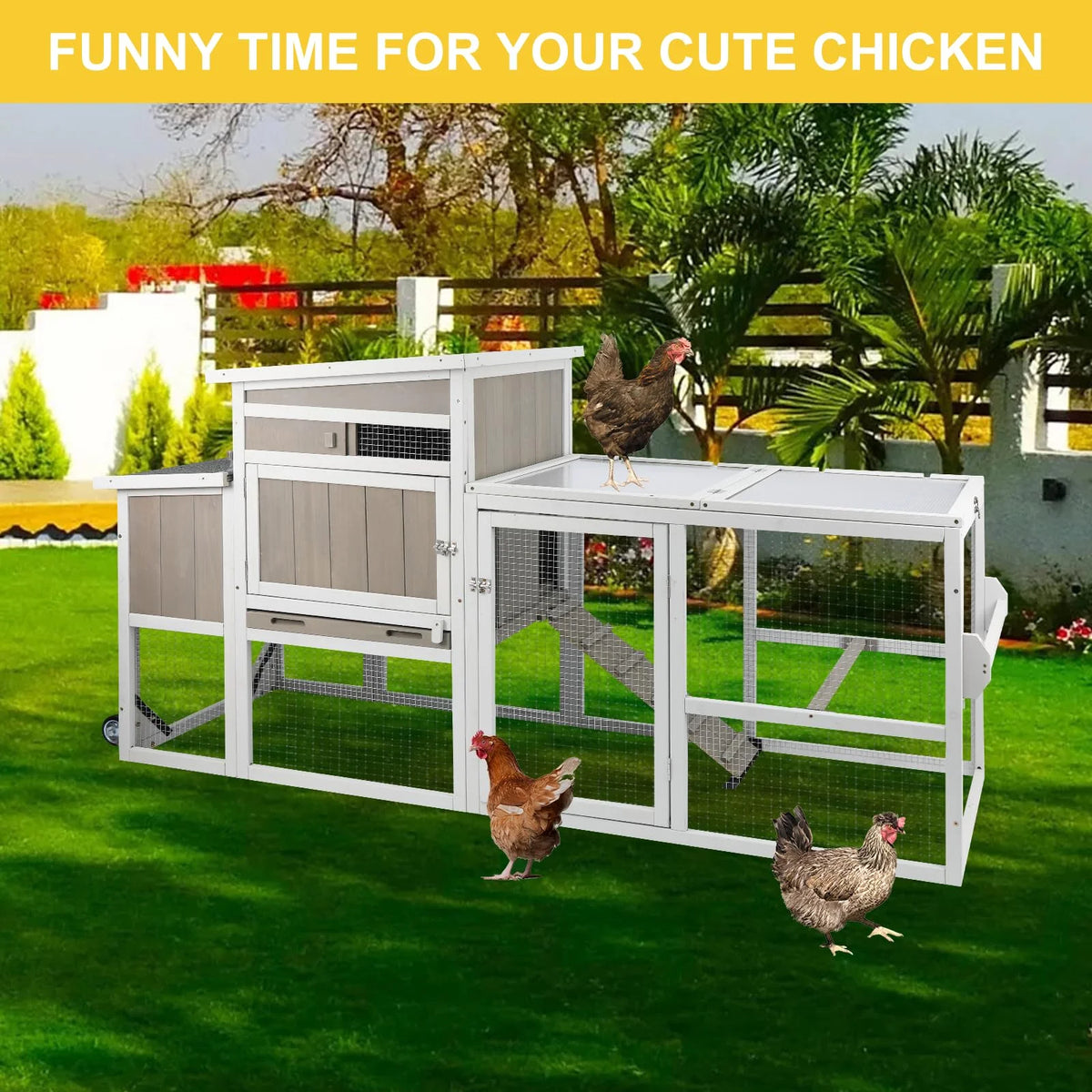Gowoodhut Chicken Coop Mobile Wooden Hen House with Nesting Box,75" L Outdoor Chicken House with Wheels and Removable Tray,Fir Wood Chicken Tractor with 4 Ventilation Door and Ramp,Grey