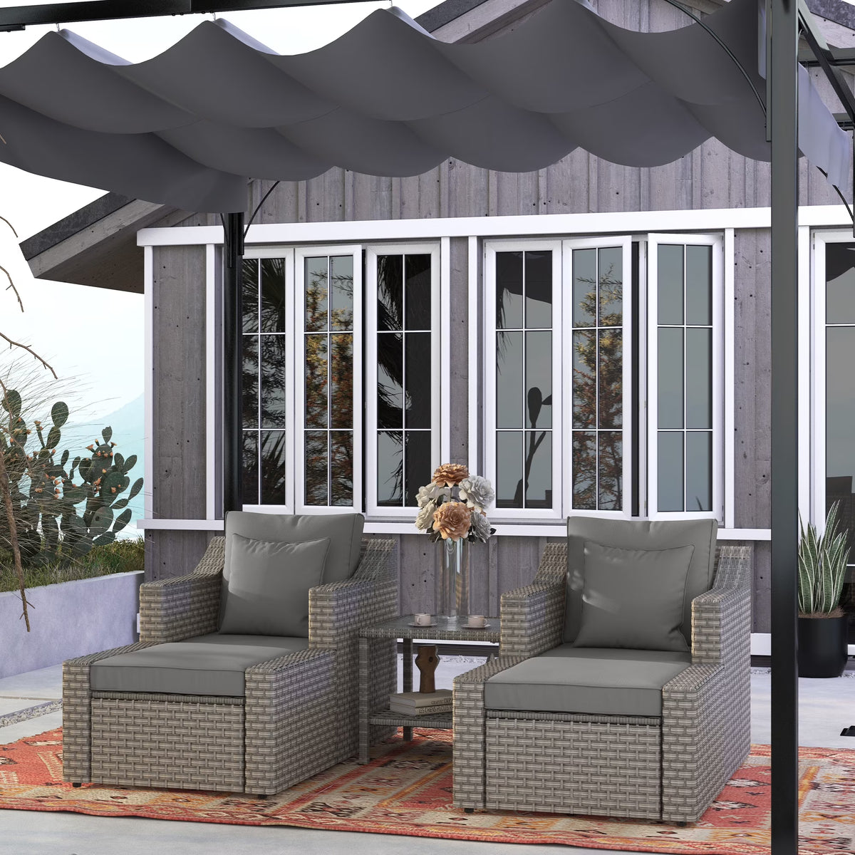 Outsunny 5 Piece Patio Furniture Set, All Weather PE Rattan Conversation Chair & Ottoman Set w/ Table, Cushions & Pillows Included, Beige