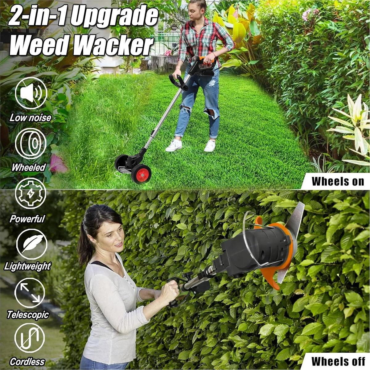 Cordless Electric  Trimmer, 21V Grass Edger with Wheels, 3-in-1 Metal/Saw/Plastic Blade, Adjustable Height & Noise Reduction, Includes Deluxe Accessories