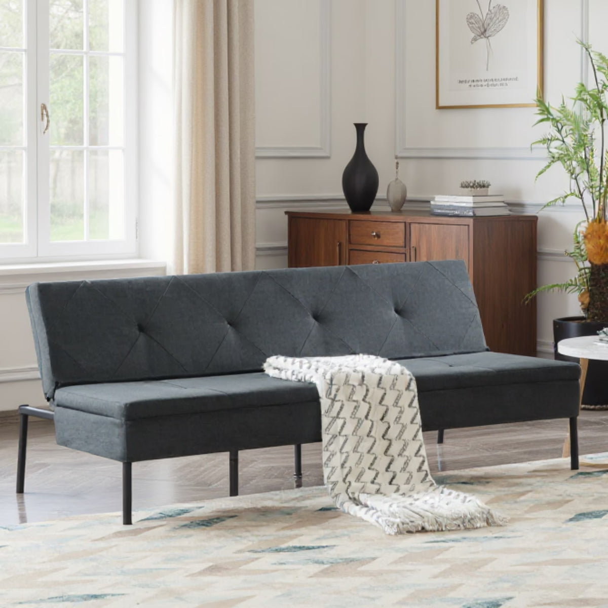 BSHTI 63Futon Sofa Bed,Upholstered with Polyester Fabric Convertible Sofa Couch for Living Room,Office(Black)