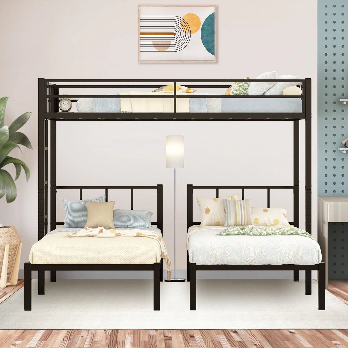 Triple Bunk Bed for 3, Twin over Twin & Twin Bunk Bed with Ladder and Shelf, Can be divided into 3 Beds, Metal Bunk Bed Frame with Safety Rail & Slats Support, No Box Spring Needed, Black