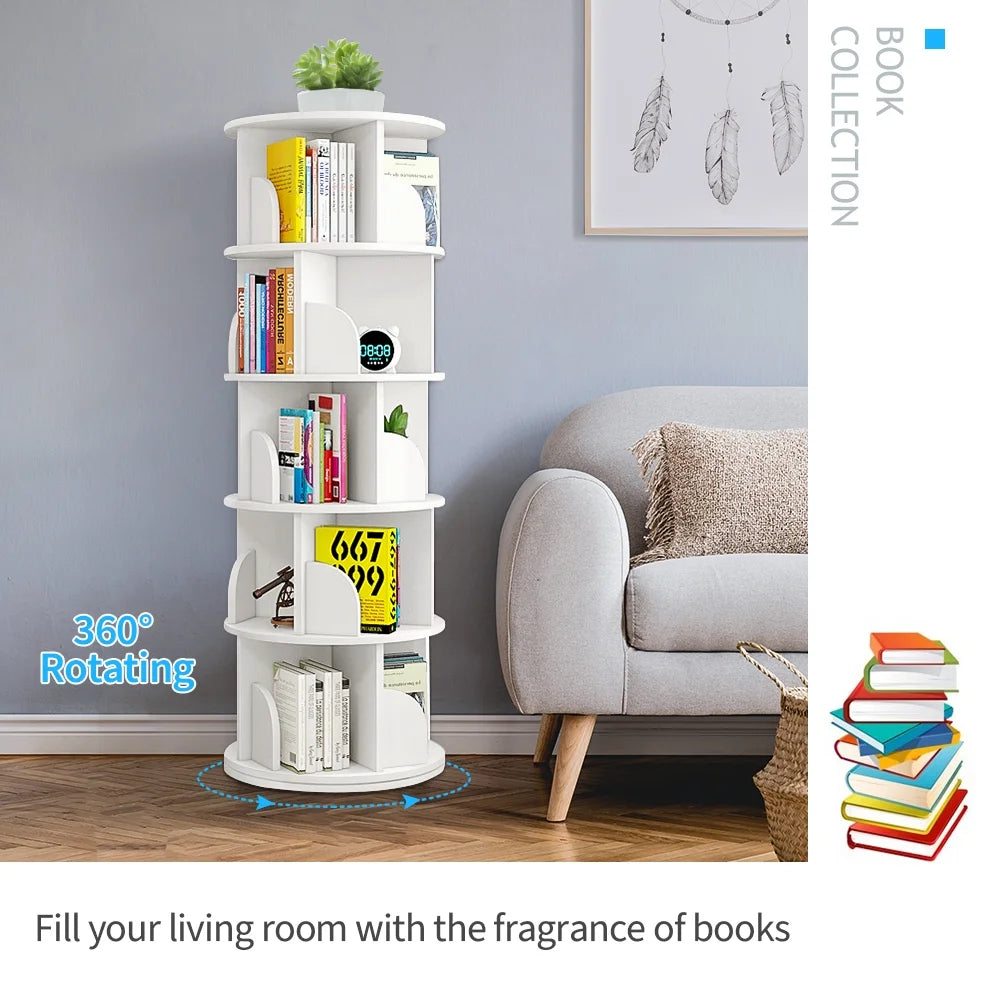Bimiti 5 Tier Rotating Bookshelf, 360? Revolving Bookcase 20 Shelves Floor-Standing Storage Display Rack - White 63"x18"x18", Adult